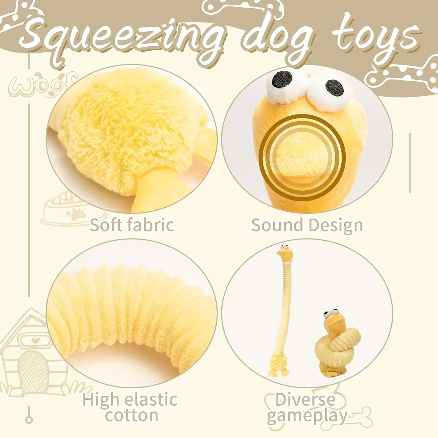 Brown, grey, and yellow plush stuffed dog toys with a squeaker and foldable design