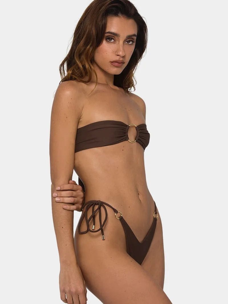 Brown women's tube-top push-up bikini swimsuit with ring tether detail.