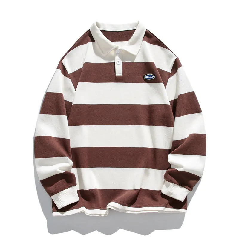 Hong Kong style striped polo shirt sweater with sweater lapel in pearl cotton fabric