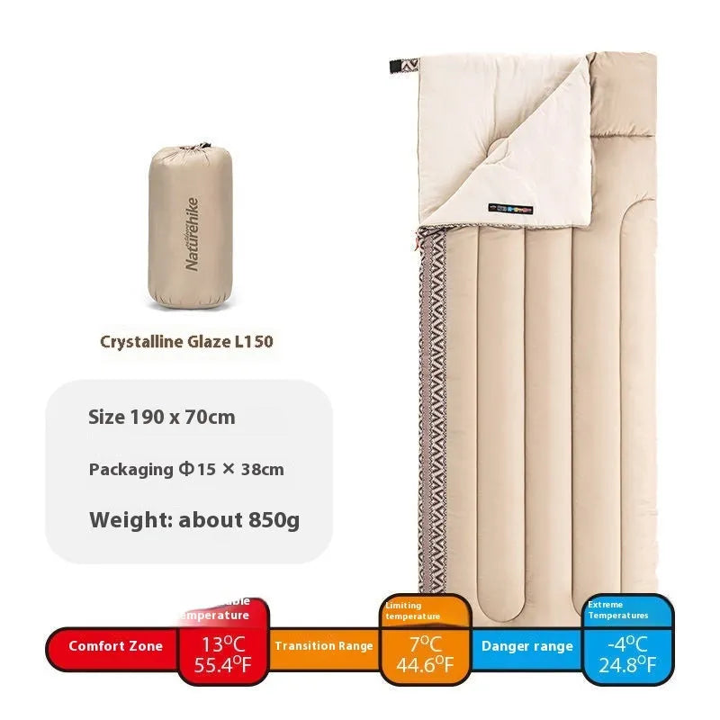 Four seasons portable camping sleeping bag in swamp colour with storage bag