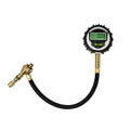 Red mechanical tyre pressure gauge with metal body and rubber shell, showing 0-5 BAR scale and deflation valve.