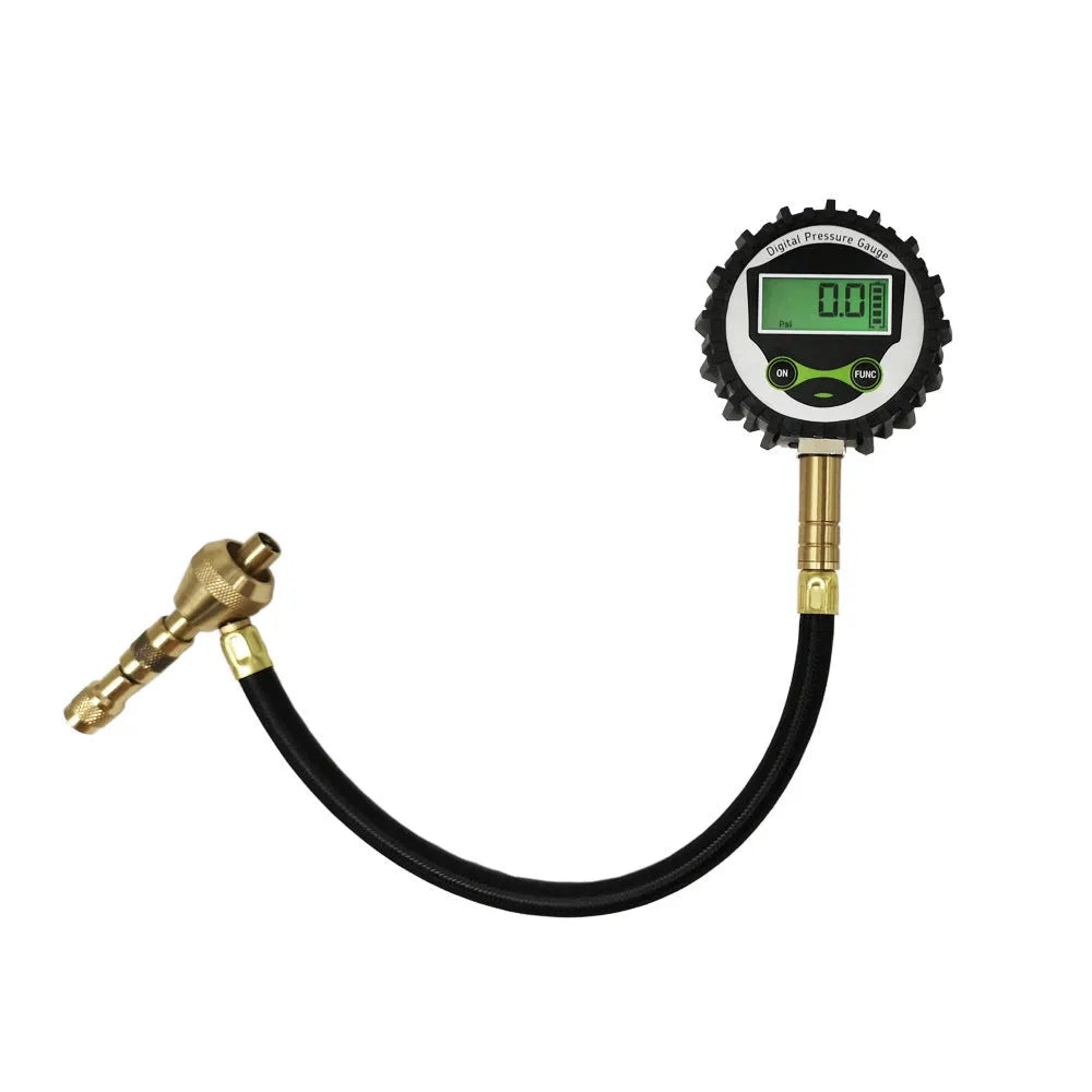 Red mechanical tyre pressure gauge with metal body and rubber shell, showing 0-5 BAR scale and deflation valve.