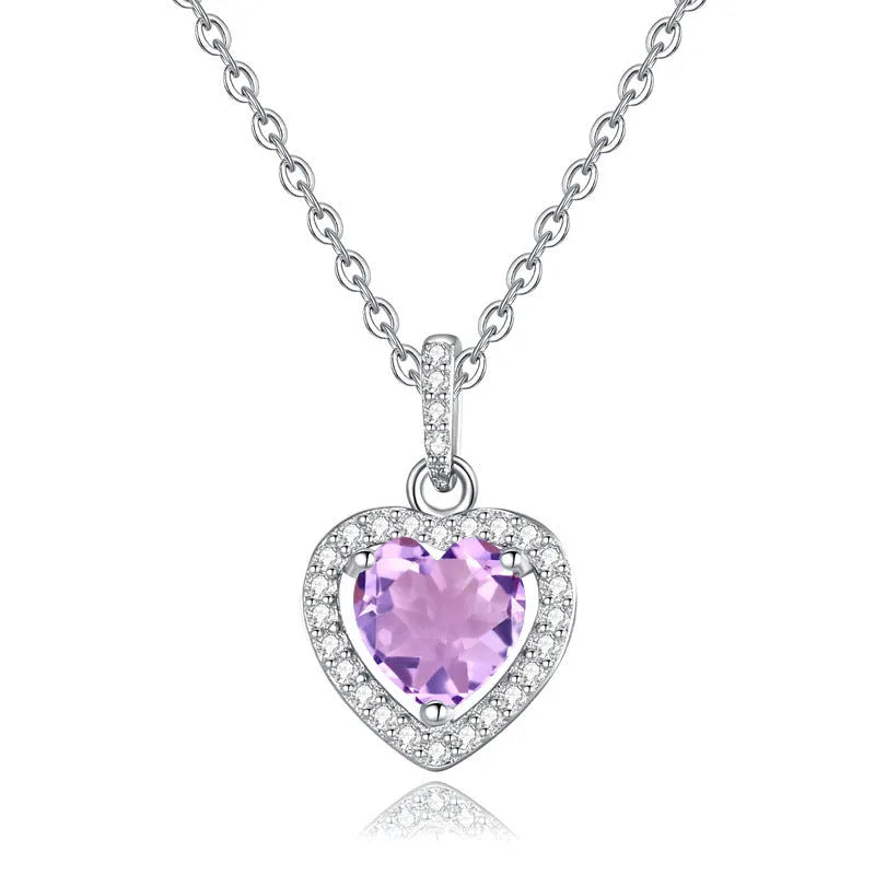 Sterling silver heart pendant necklace with natural gemstone on adjustable cross chain