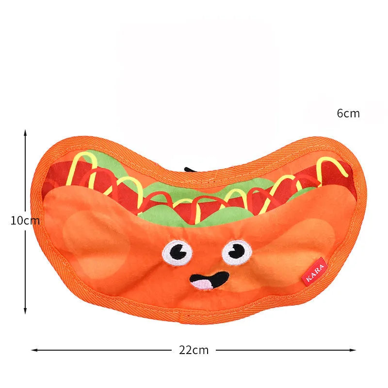 Crinkle and squeak dog toy in burger shape with no stuffing for puppies