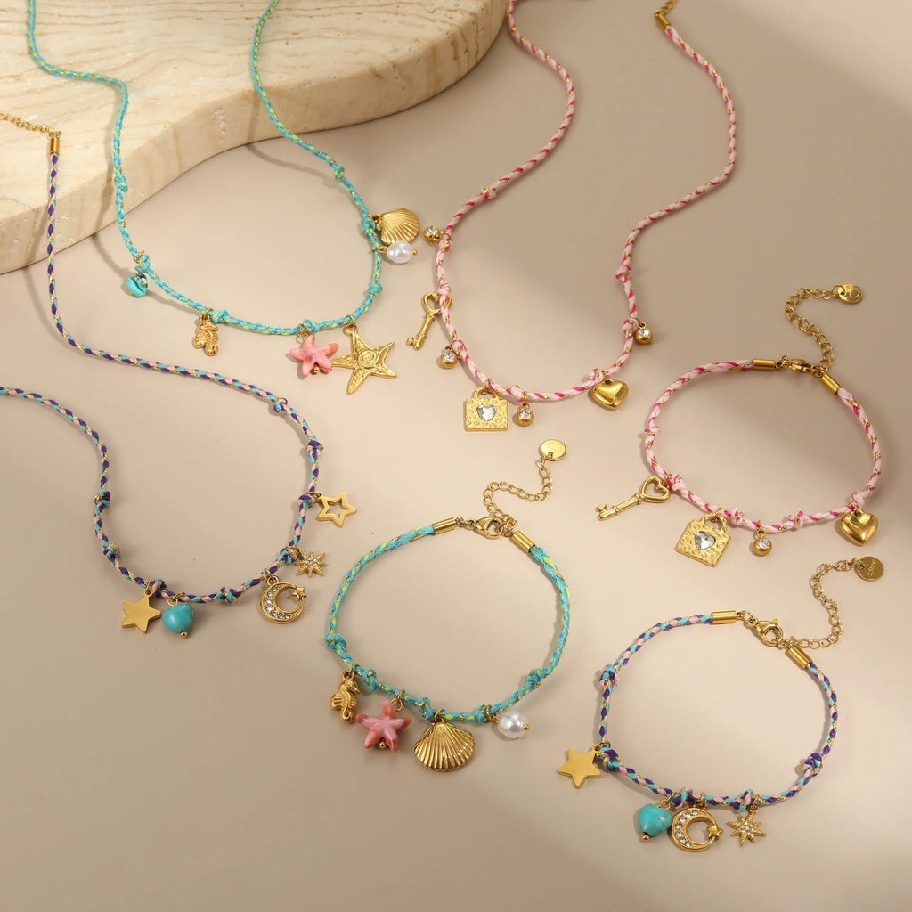 Handmade braided rope necklace and bracelet set with heart pendant in stainless steel
