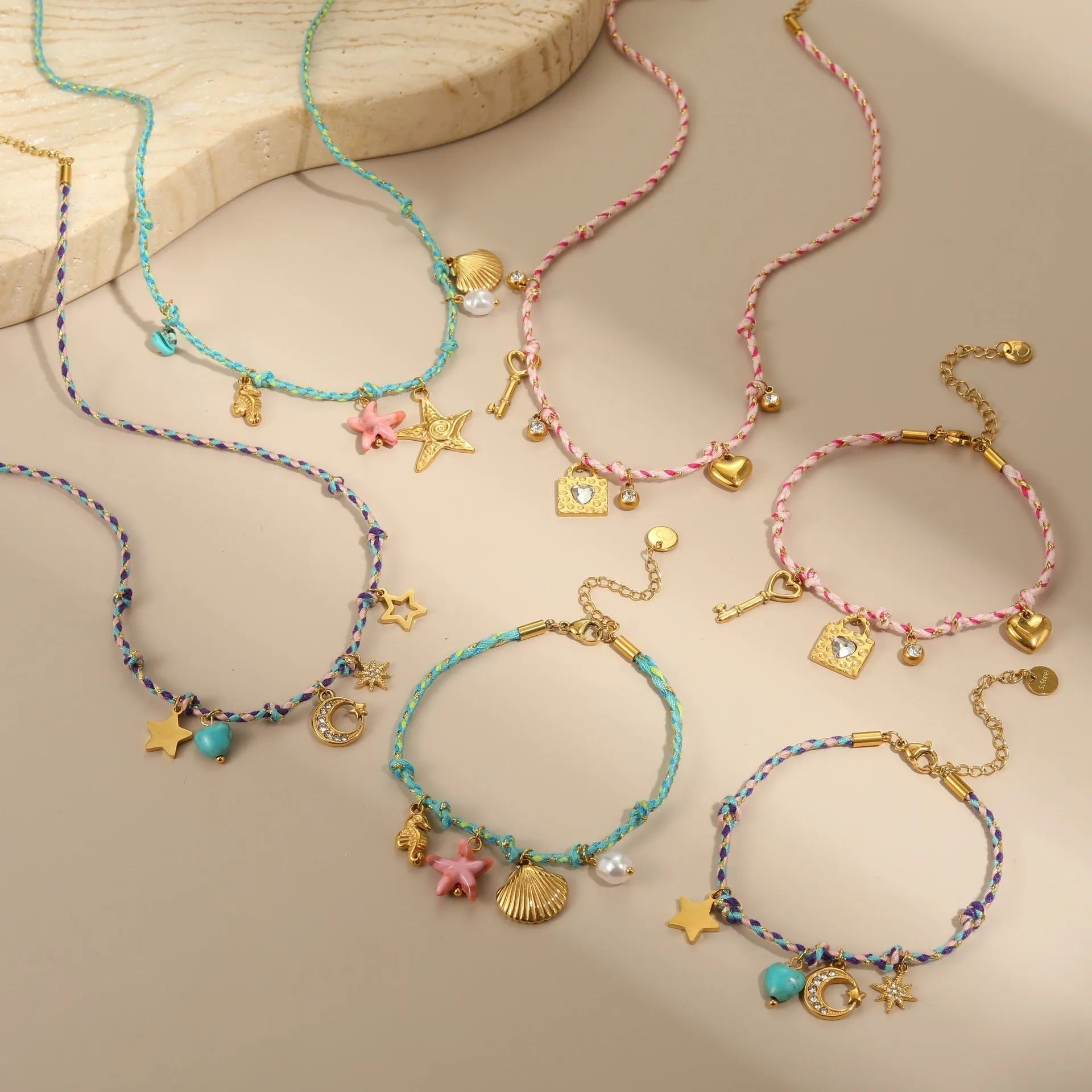 Handmade braided rope necklace and bracelet set with heart pendant in stainless steel