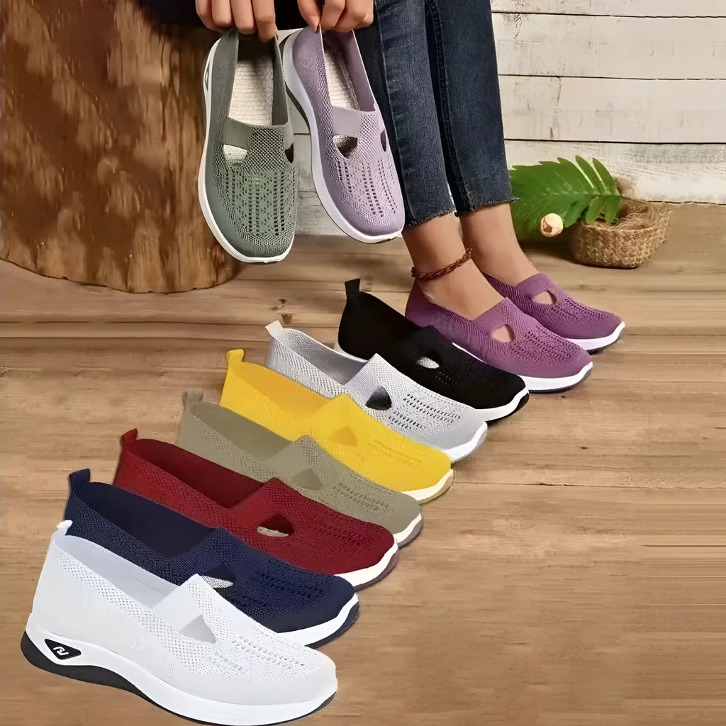Casual low-top mesh shoes with a soft PVC sole and a T-shaped shoulder strap, shown in various colours.