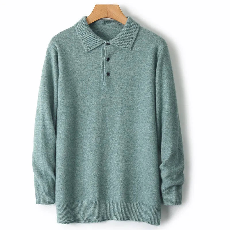 Man wearing a men's grey polo collar wool sweater pullover with long sleeves.