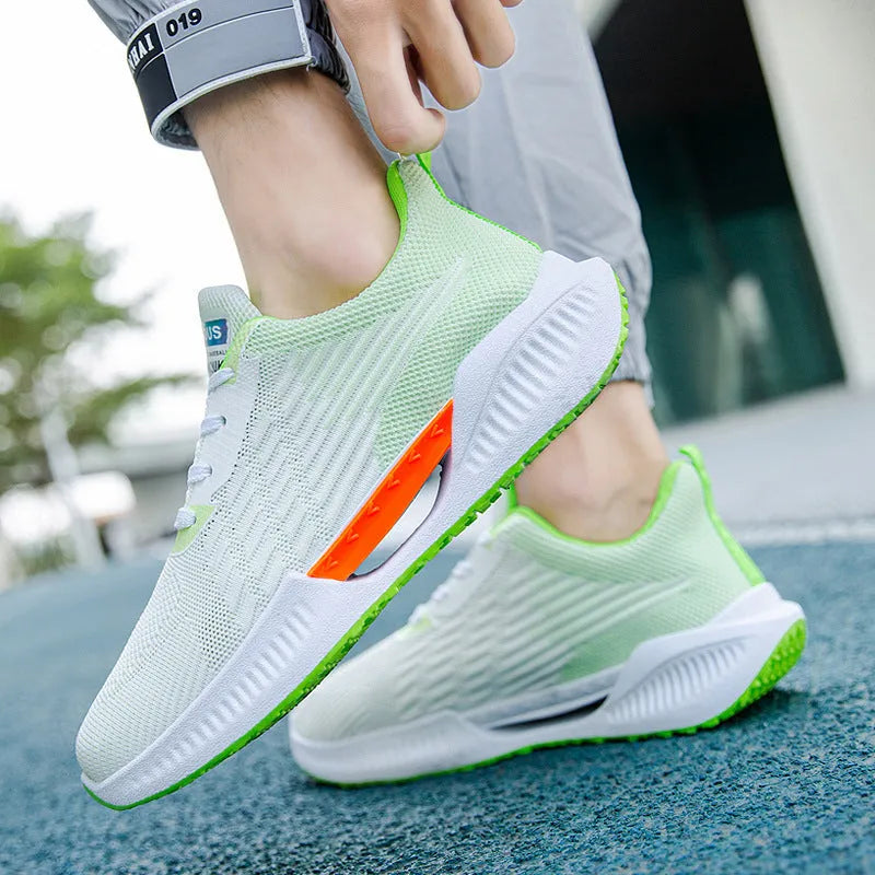Men's blue grey green breathable mesh casual shoes with round toe and plastic sole.
