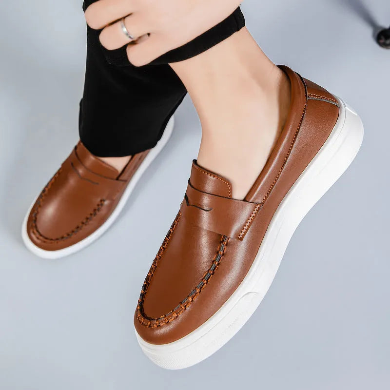 Casual slip-on shoes in white, black and white, and khaki colours with round toe design