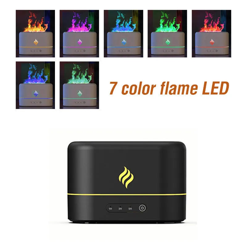 USB-powered aromatherapy humidifier with seven-colour flame LED effect in black or white