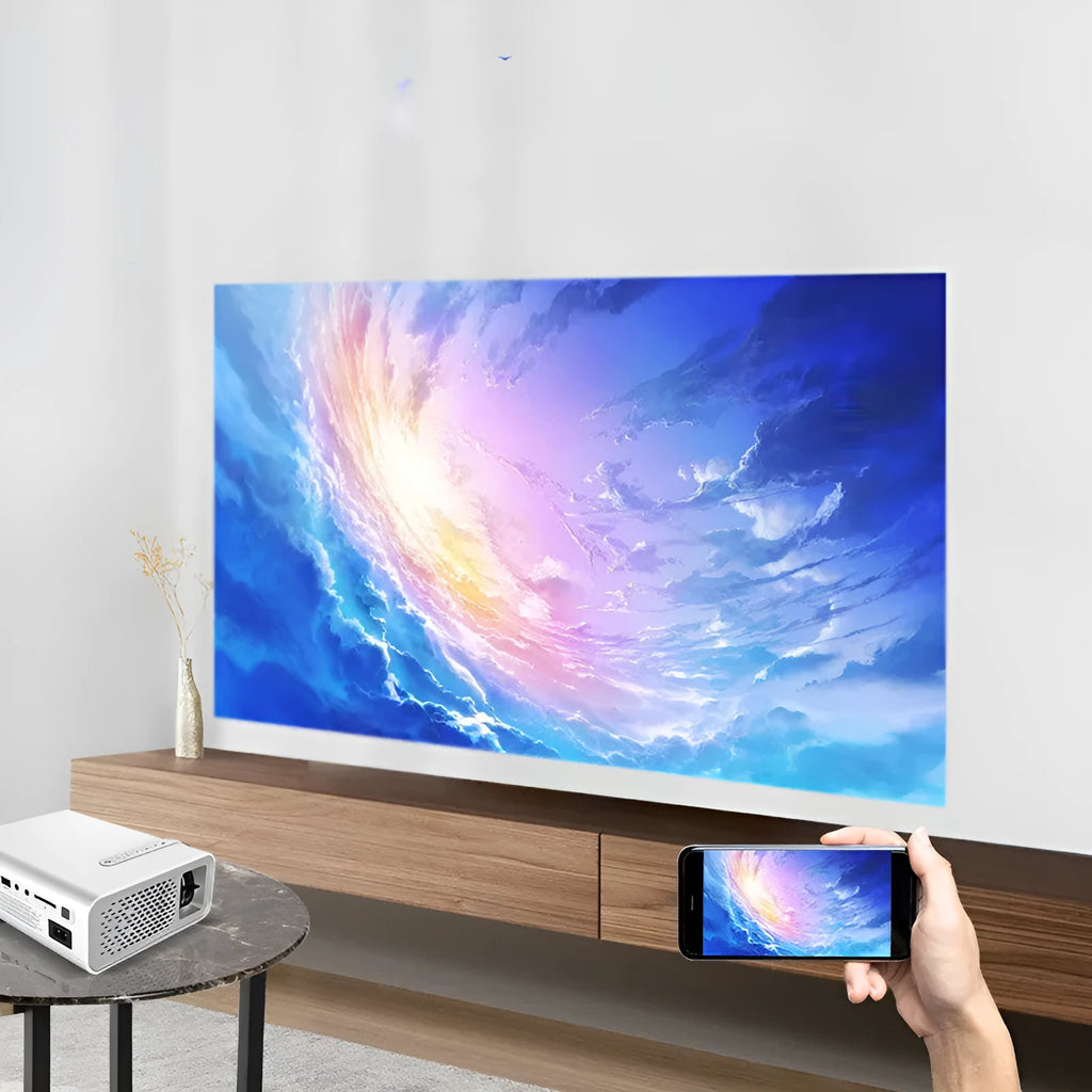YG530 mini mobile phone projector in black or white projecting a large wireless screen image up to 138 inches