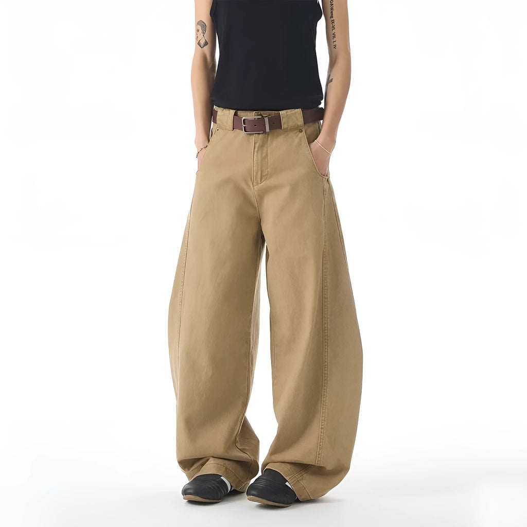 Men's brown loose fit straight leg jeans with cardigan button opening and micro elastic denim fabric