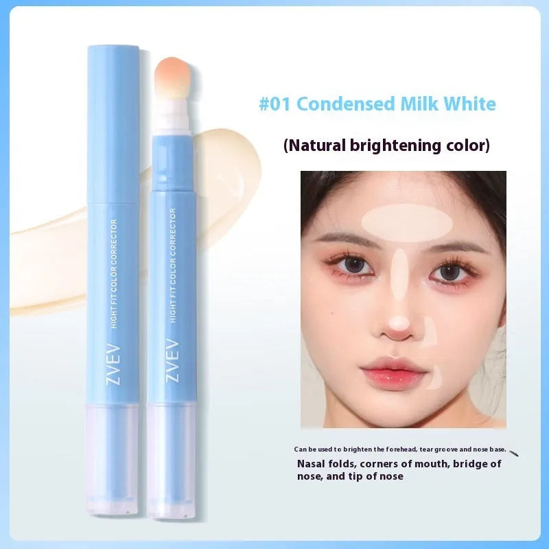 Concealer pen with sponge brush head applicator shown in brightening skin, pink flesh and flesh colour options