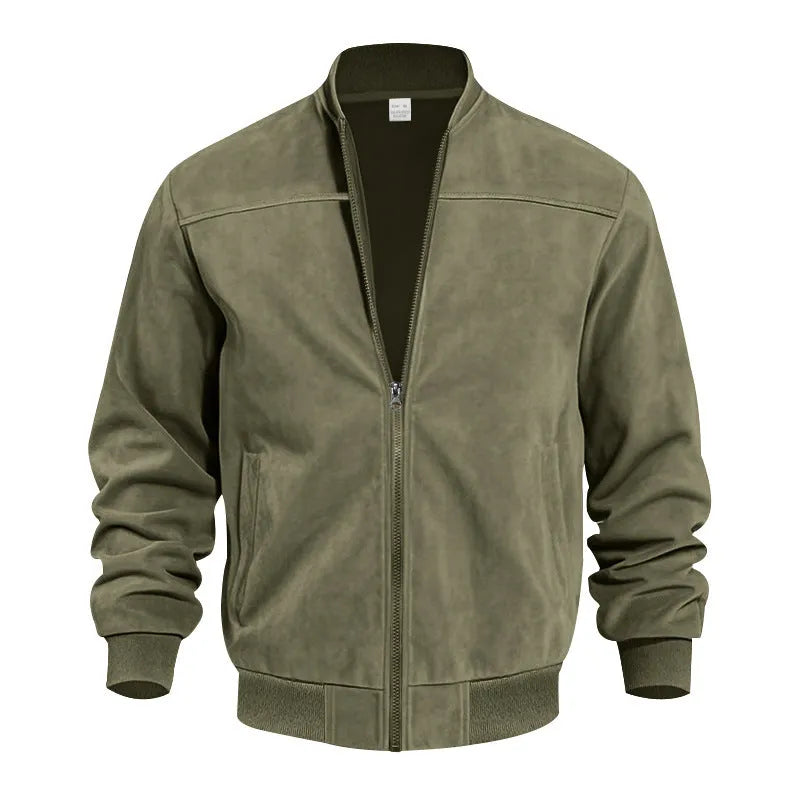 Men's Army Green suede zip-up jacket with a regular fit and standard sleeves on a hanger.