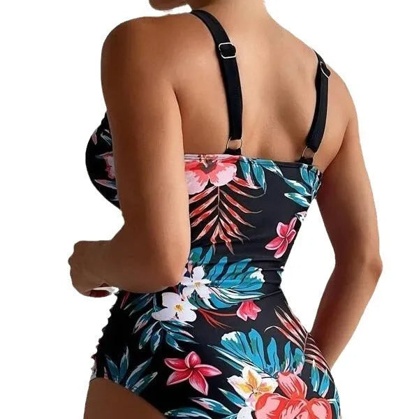 Women's floral pattern backless one-piece swimsuit in a polyester-spandex blend