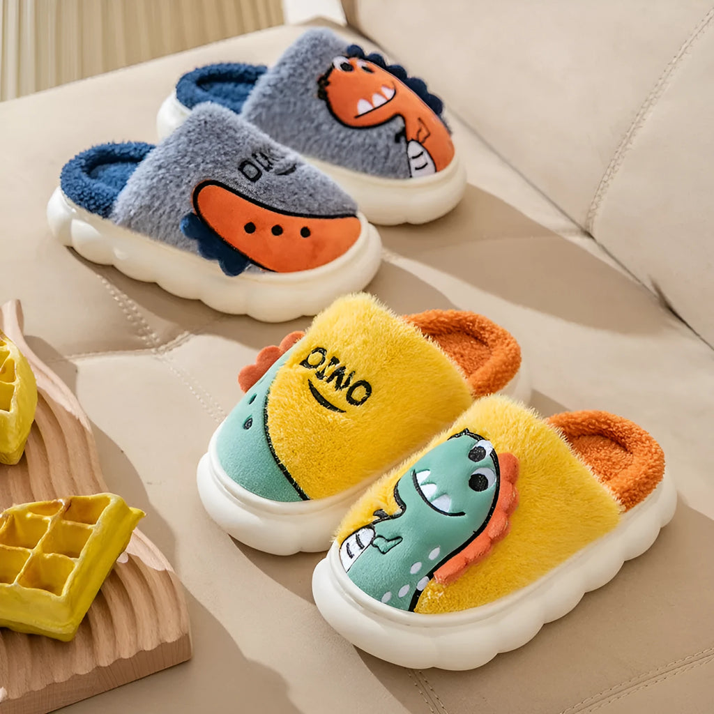 Cotton plush couple slippers with dinosaur designs in gray, coffee and orange colours