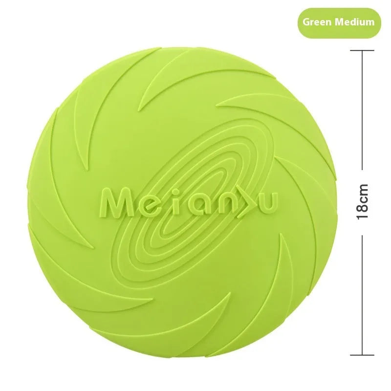 Soft rubber dog frisbee flying disc toy shown in blue, available in small, medium, and large sizes.
