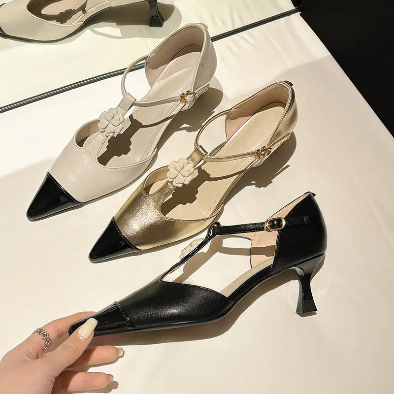 Women's gold stiletto heel pointed toe shoes with floral buckle on sheepskin leather upper