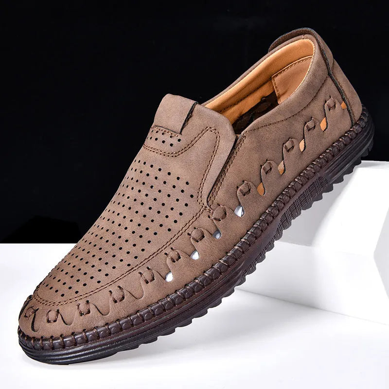 Men's brown slip-on casual shoes with round toe and low-top design