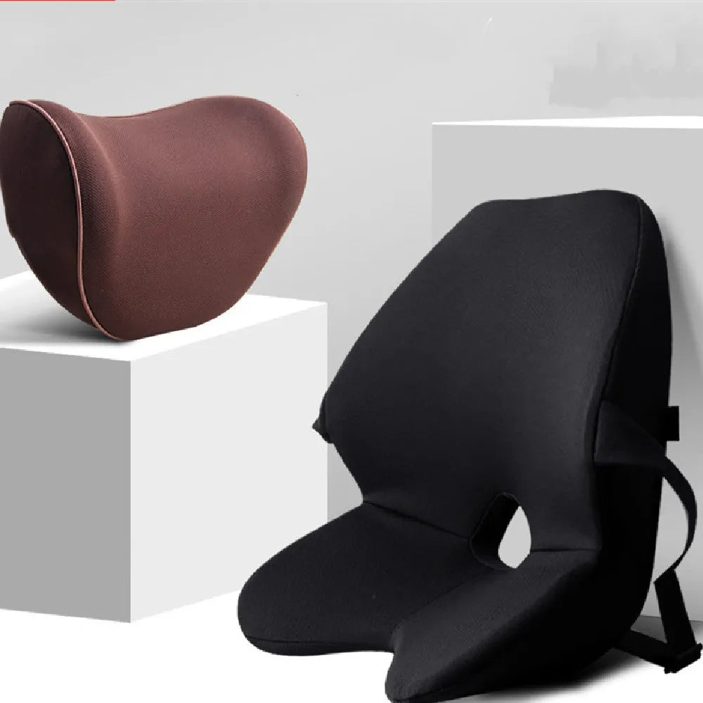 Memory foam car waist cushion for lumbar support, shown in beige colour, placed on a car seat.