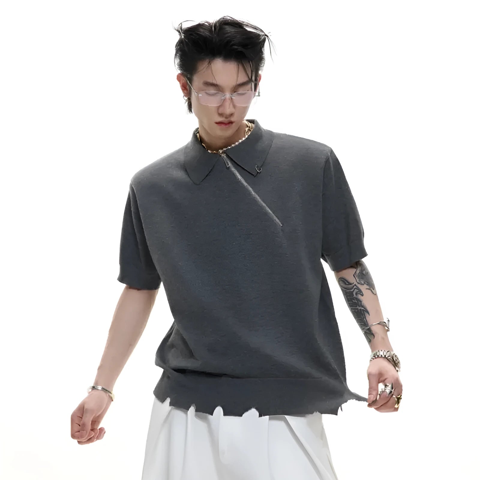 Men's black slim fit polo shirt with an oblique diagonal zip and short sleeves