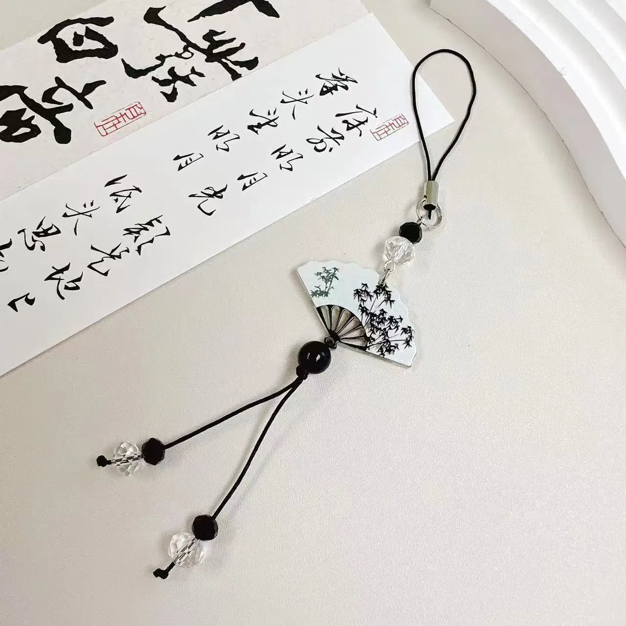 Guofeng Chinese style bead pendant keychain with plant and flower pattern in Fan colour