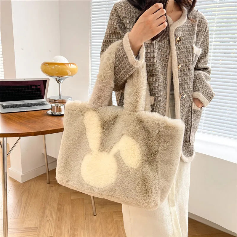 Plush rabbit ears tote bag in solid colour with shoulder strap and large capacity design