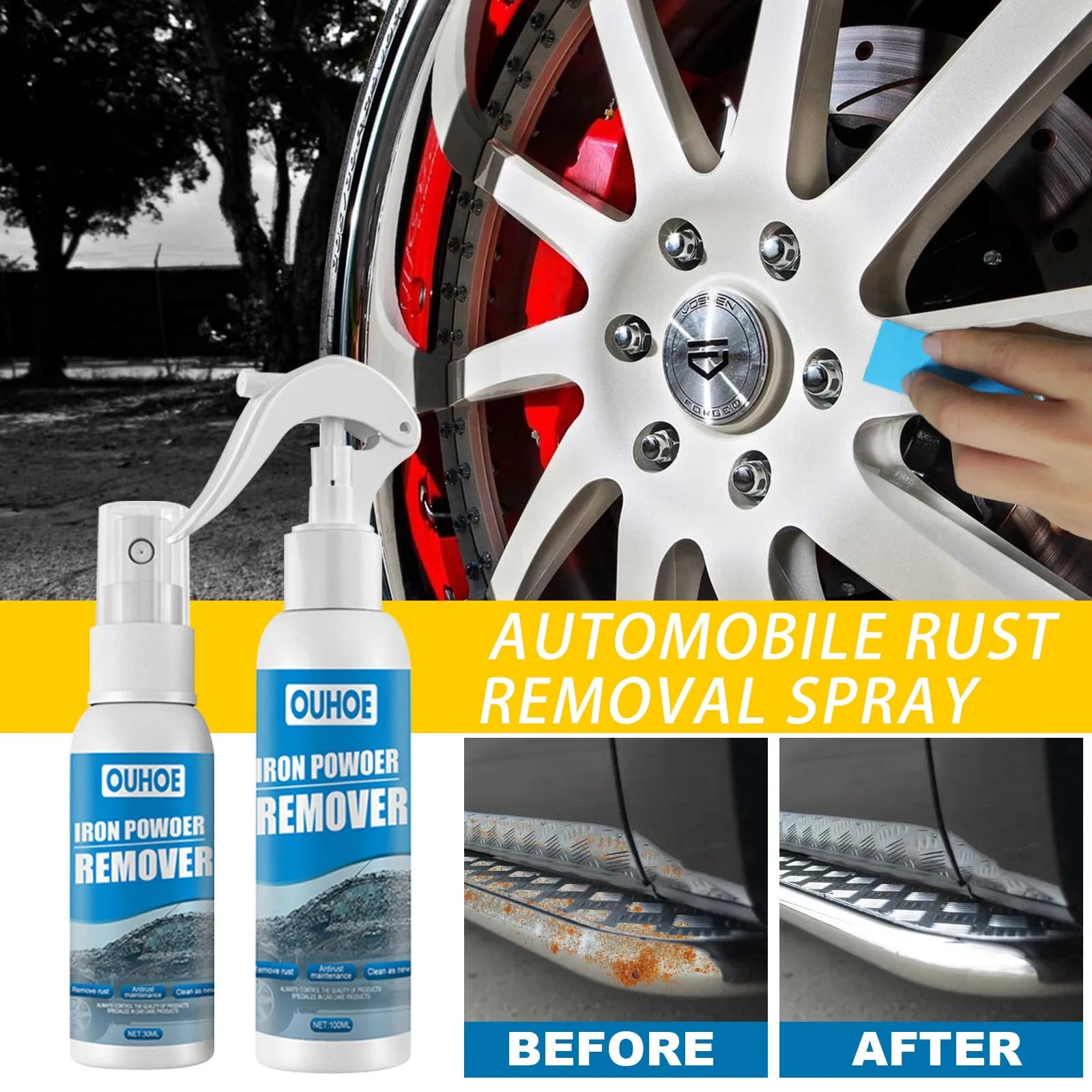 Car rust remover spray bottle with blue square sponge and towel applicators for automotive surface treatment