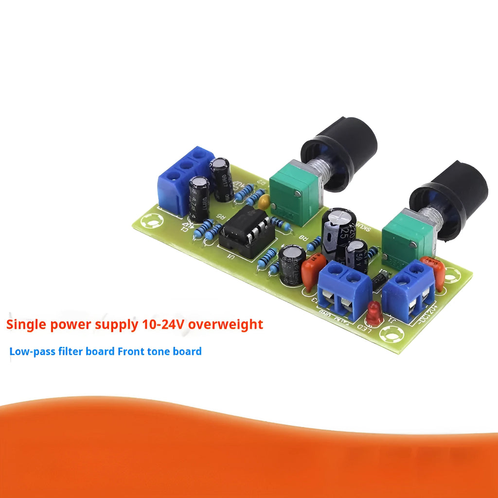 Single power supply 10-24V bass boost front stage circuit board on FR-4 fibreglass measuring 78x32mm