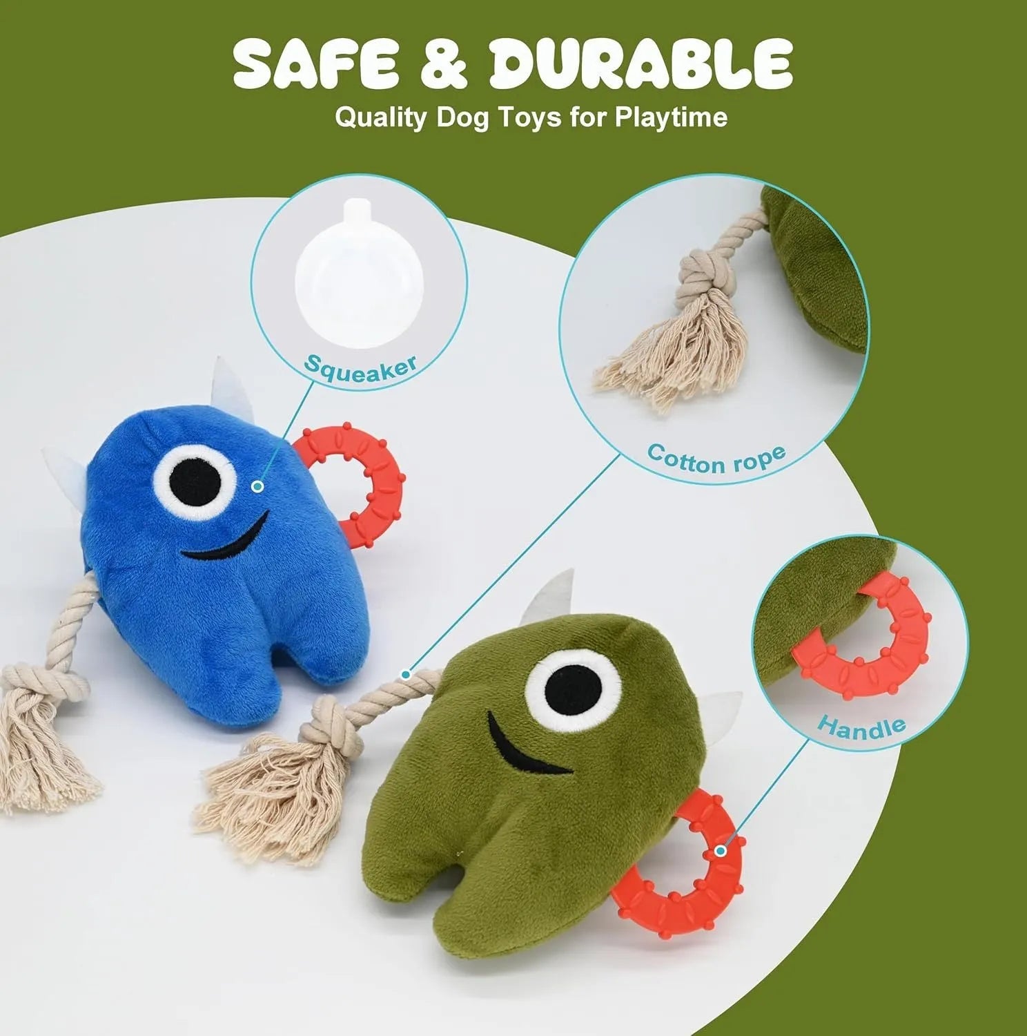 Blue monster dog toy with plush body and woven rope sections for chewing and tugging