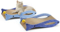 Blue fish-shaped cat scratcher pad with corrugated cardboard surface, ball toys, and wavy lounge area.