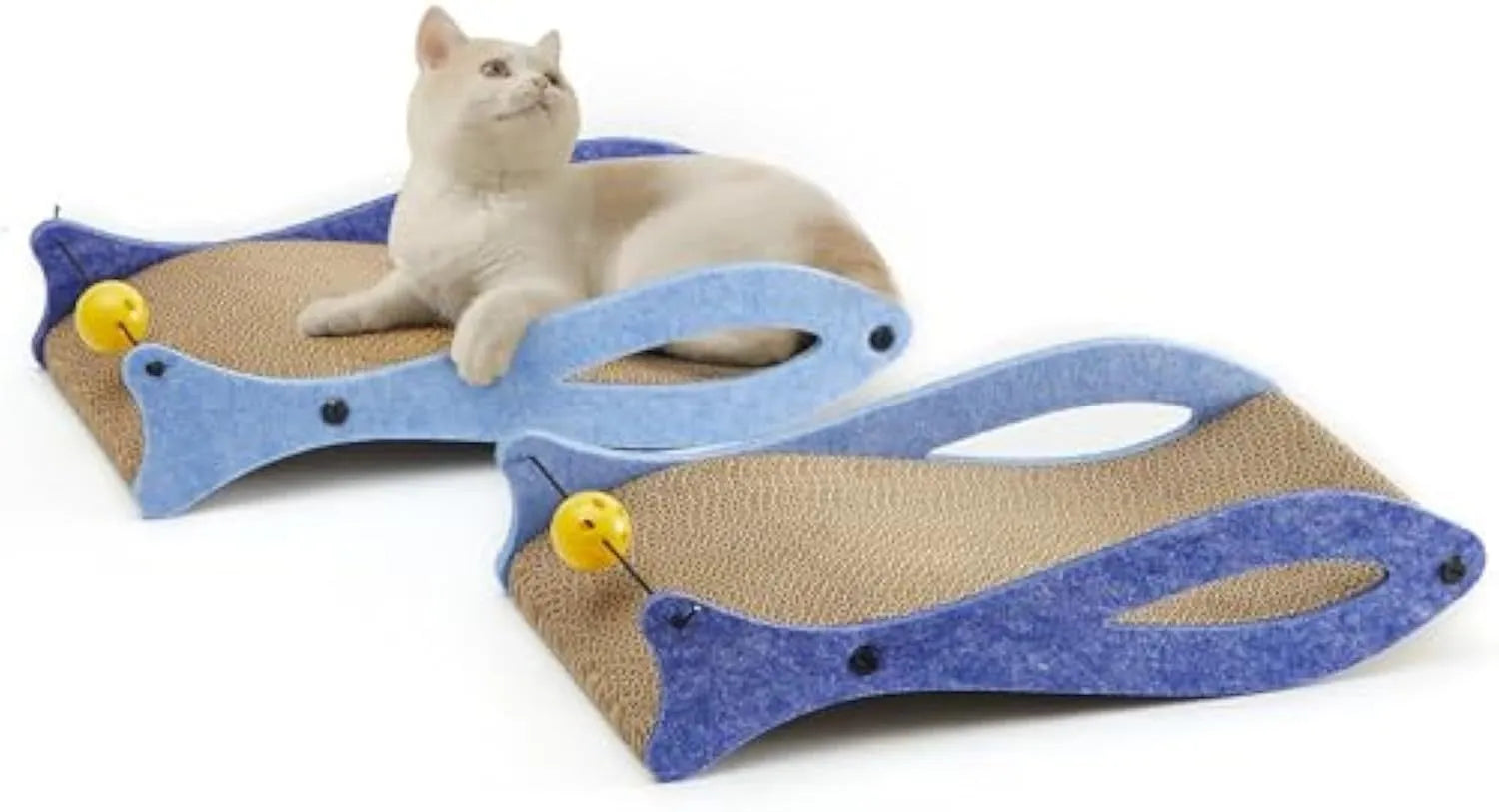 Blue fish-shaped cat scratcher pad with corrugated cardboard surface, ball toys, and wavy lounge area.