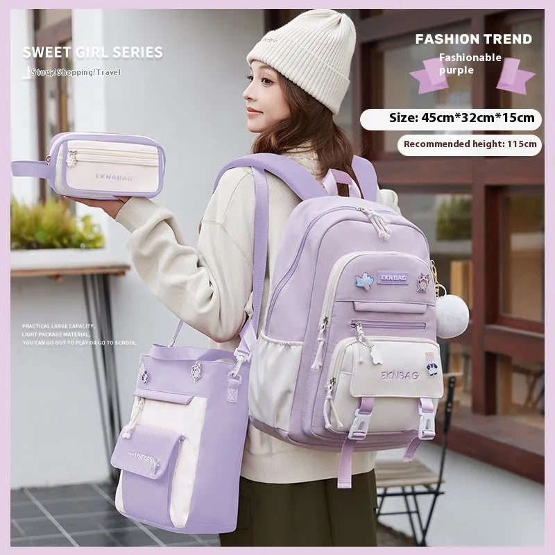 Girls' school backpack in Oxford cloth with curved shoulder straps and spine protection