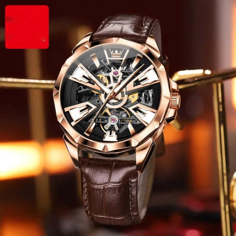 Men's automatic mechanical watch with 44mm barrel dial and transparent case back showing movement