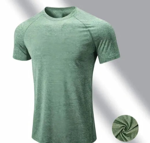 Men's black stretch quick-dry casual short sleeve t-shirt on a hanger.