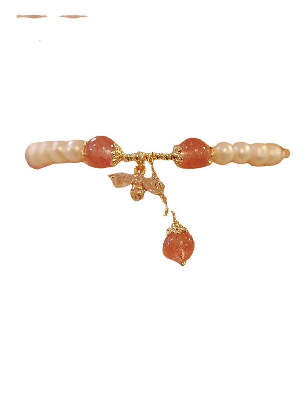 Crystal bracelet with strawberry quartz stringed pearls and bow detail for female summer wear
