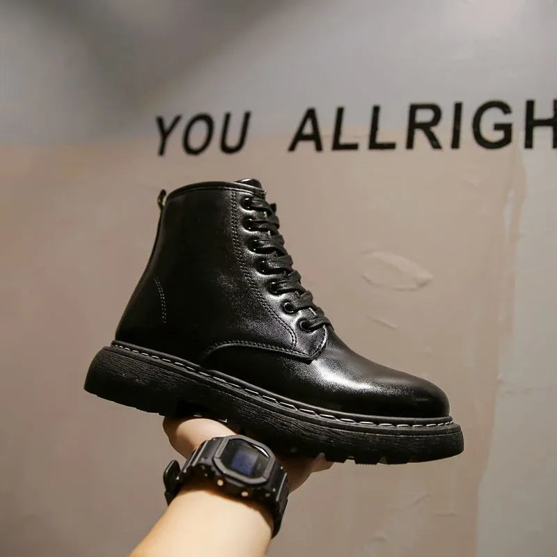 Men's black high-top platform boots with a zip fastener and lace-up detail, made from frosted cowhide leather.
