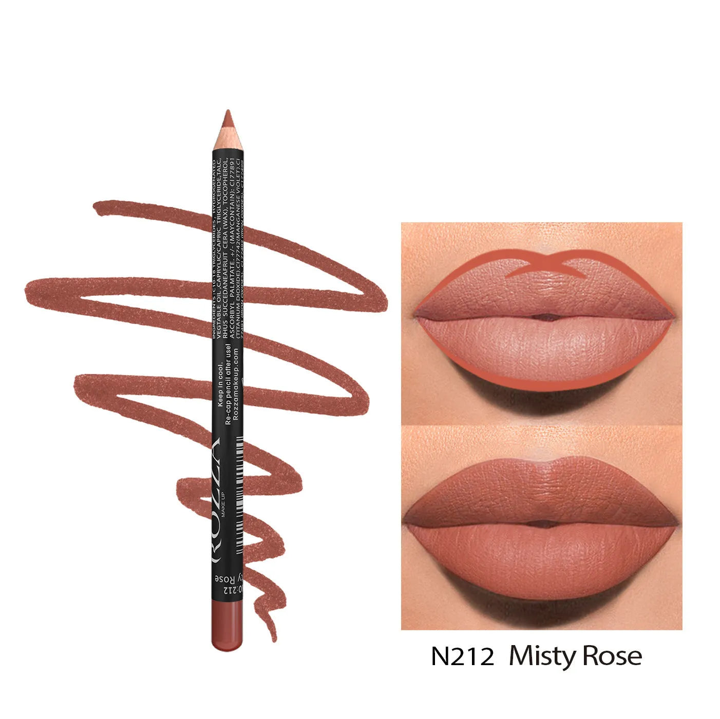 24-hour matte finish lip liner pencil in a range of wood tone shades on a white background.