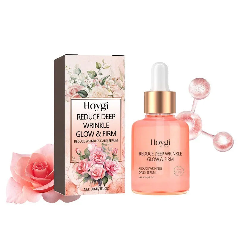 30ml bottle of rose essential oil serum for fine wrinkles, brightening and firming skin.