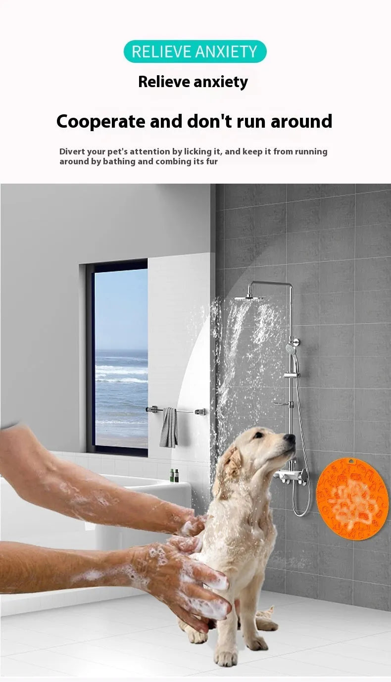 Round blue silicone pet lick mat with suction cup base on a white background.