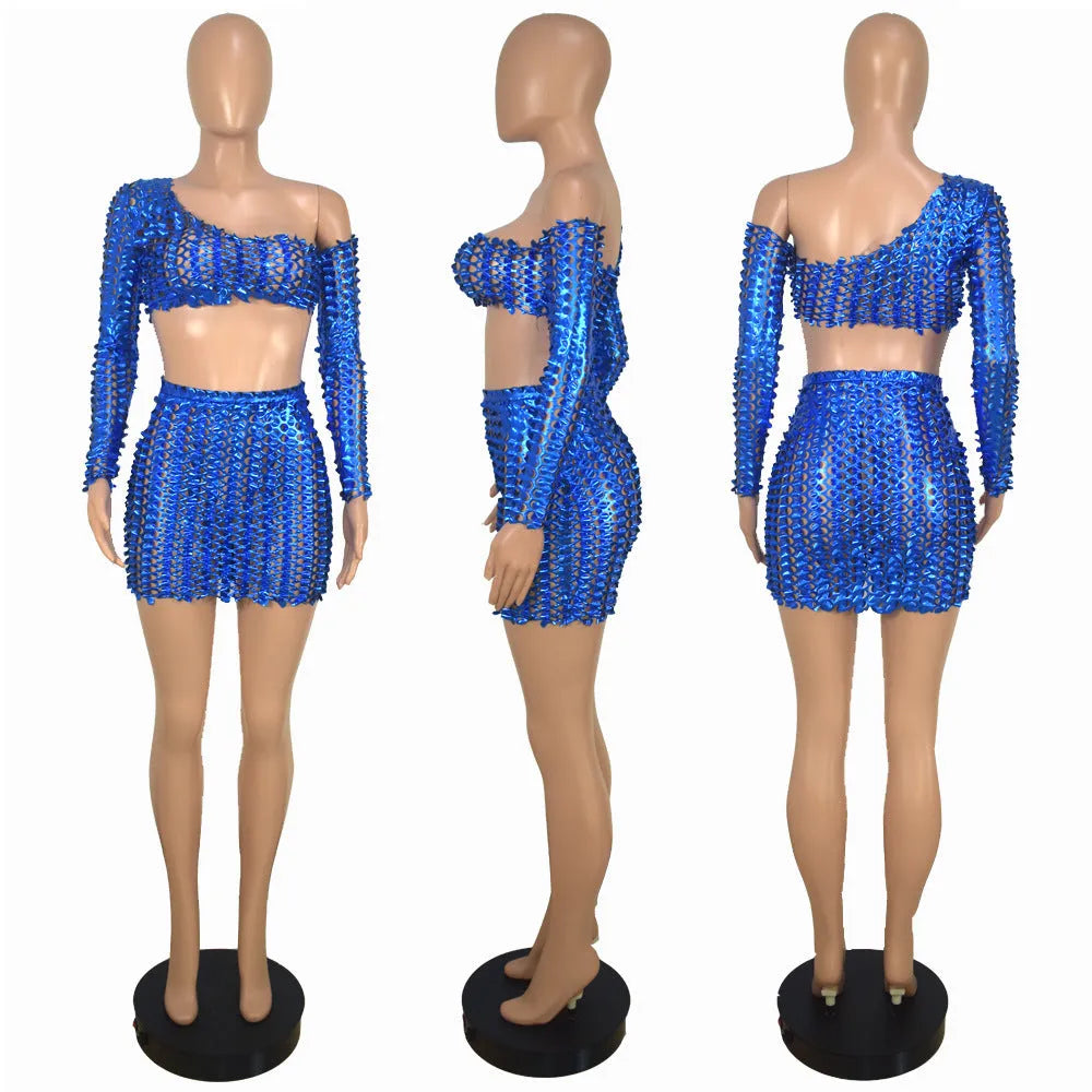 Women's hollow-out two-piece dress set with net hole detail on sleeveless top and short skirt