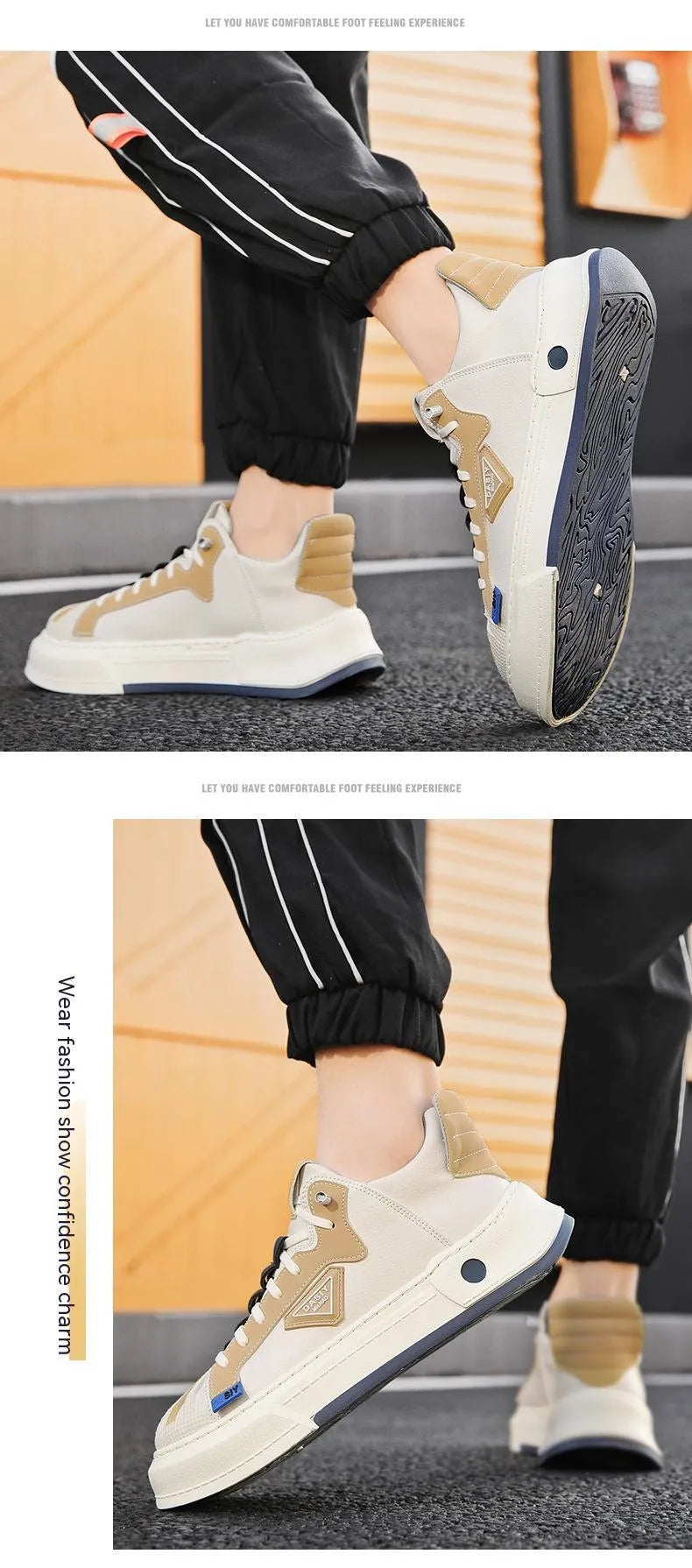 Men's beige low-top sneakers with elastic band and round toe on a white background