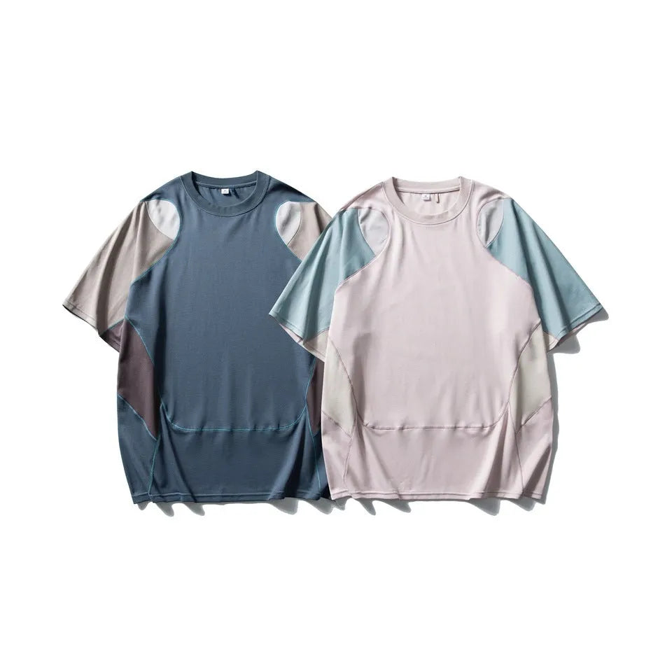 Men's loose fit patchwork contrast colour cotton blend sports T-shirt with short raglan sleeves