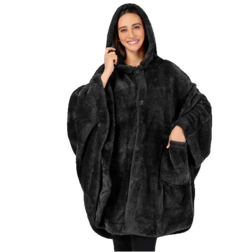 A hooded long sleeve bathrobe in super thick polyester fabric, shown in a cardigan style.