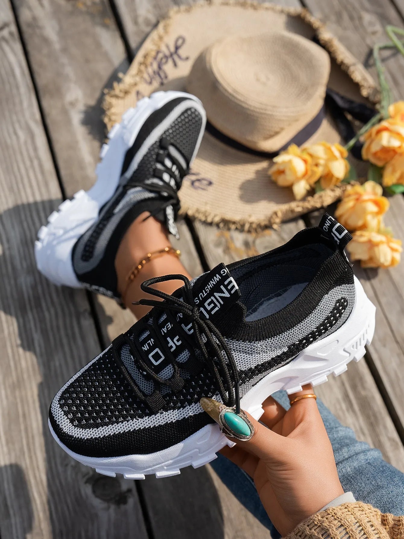 Women's Flyknit mesh lace-up sneakers in multiple colour options with rubber sole
