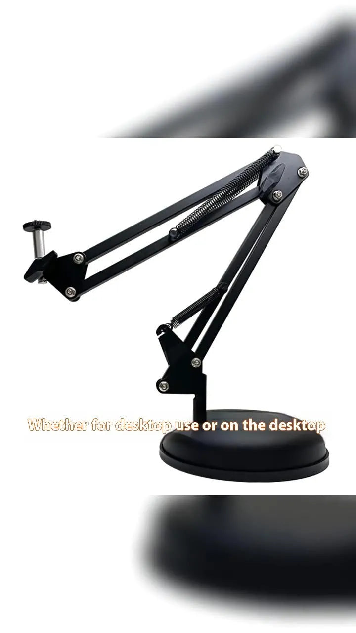 Black foldable metal cantilever bracket holding a tablet on a desktop, showing adjustable arms and clamp.