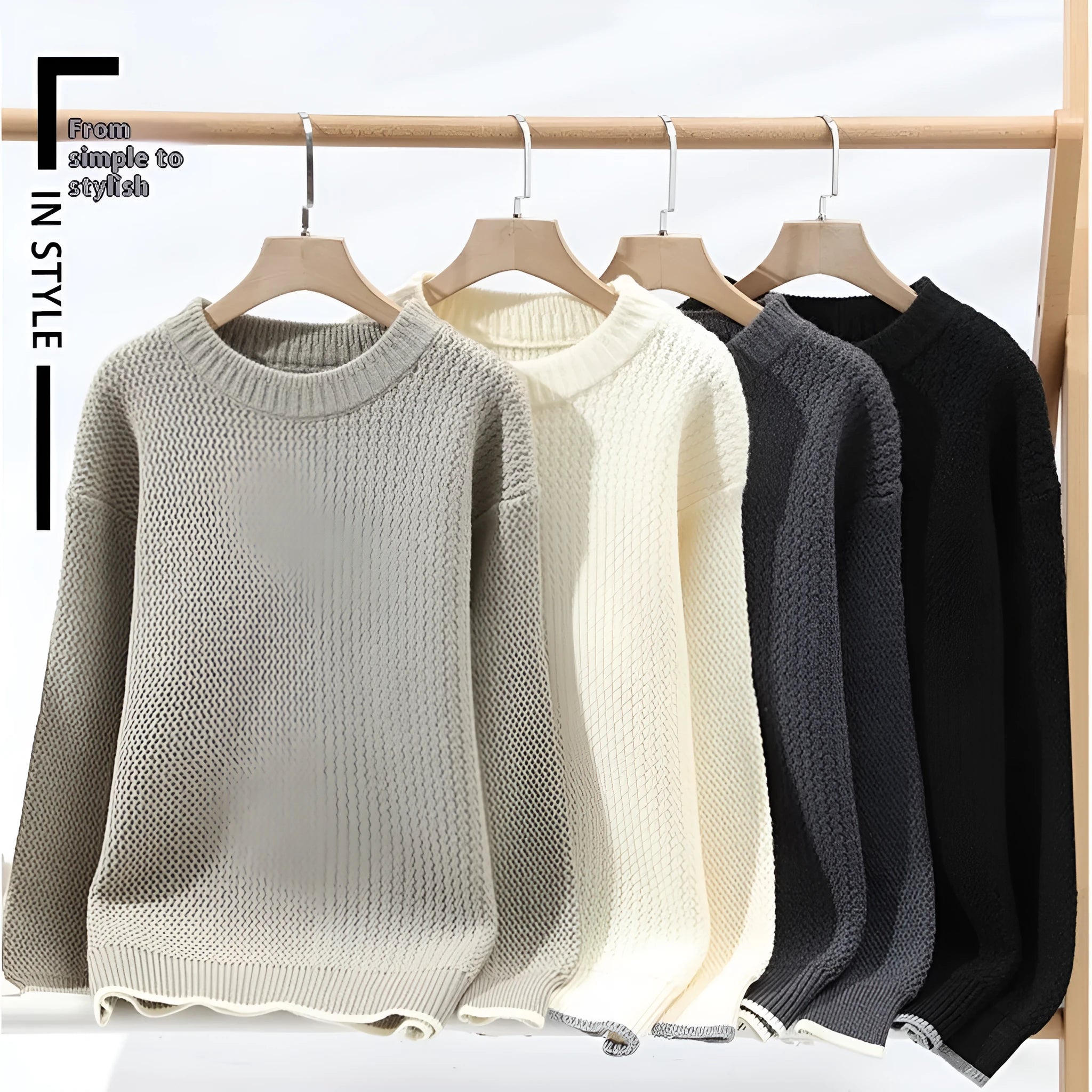 Men's round neck polyester blend sweater in loose fit with long sleeves