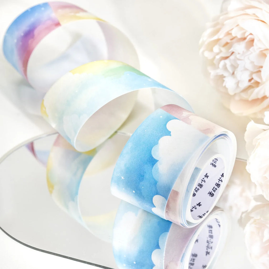 Japanese paper sky theme journal stickers tape roll showing colourful clouds design