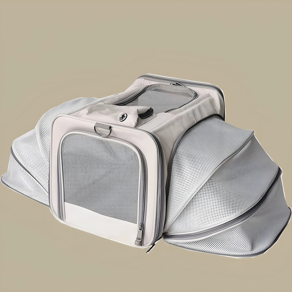Oxford cloth portable pet bag in beige with extendable top and side mesh panels for breathability